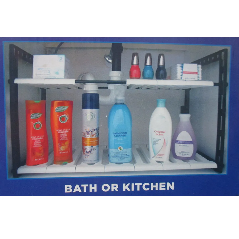 2 Tier Expandable Adjustable Under Sink Shelf Organizer Unit Kitchen Shelves New