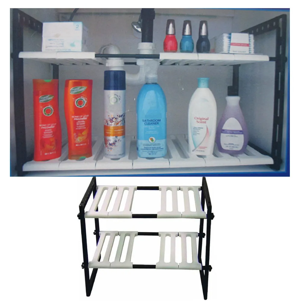 2 Tier Expandable Adjustable Under Sink Shelf Organizer Unit Kitchen Shelves New