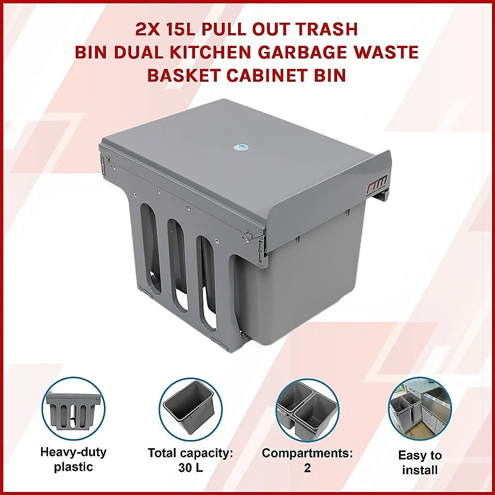 2x 15L Pull-Out Trash Bin | Dual Kitchen Garbage Waste Basket | Cabinet Bin