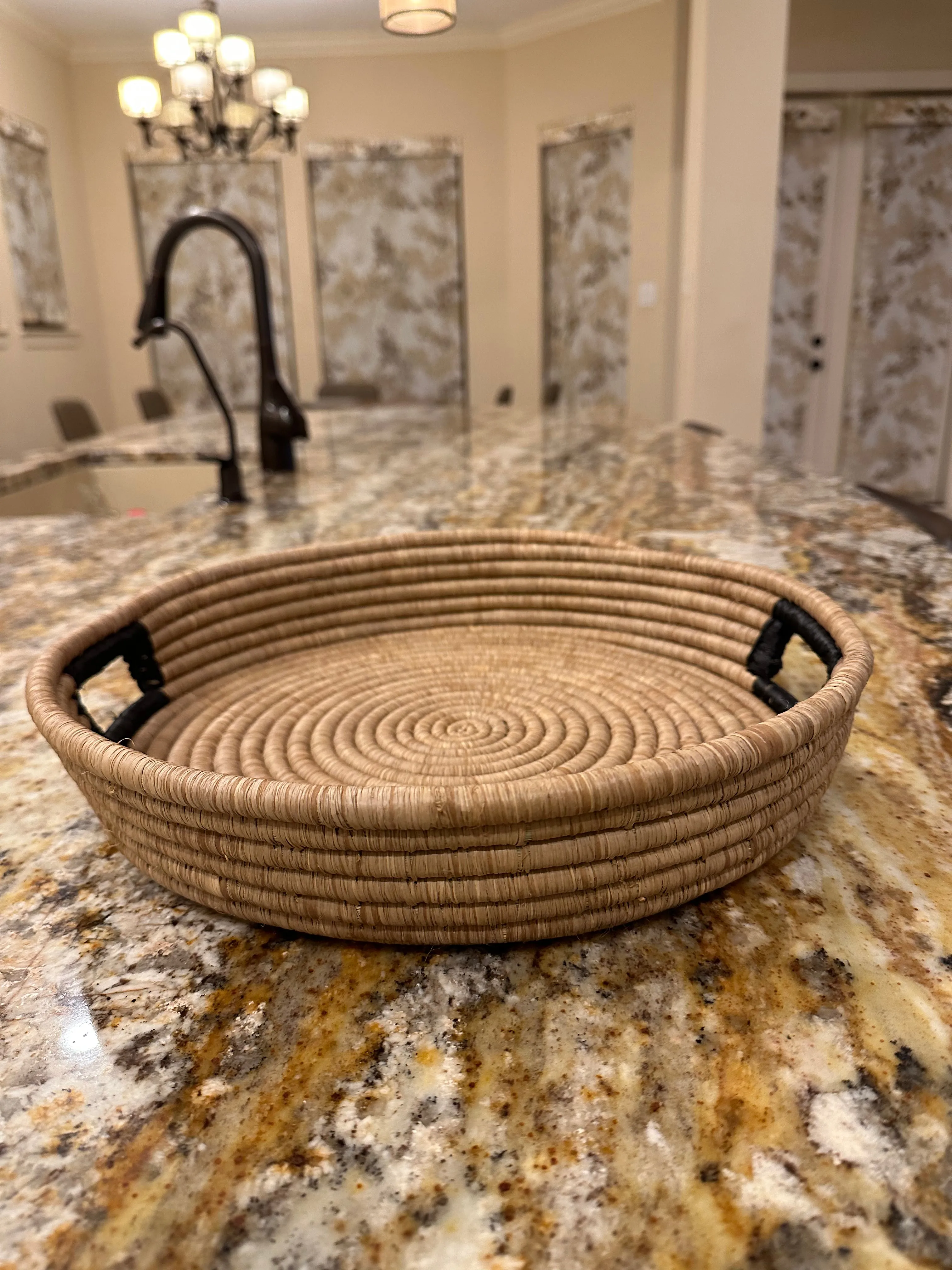 African Basket  Rwanda Woven Serving Tray Tan With Black