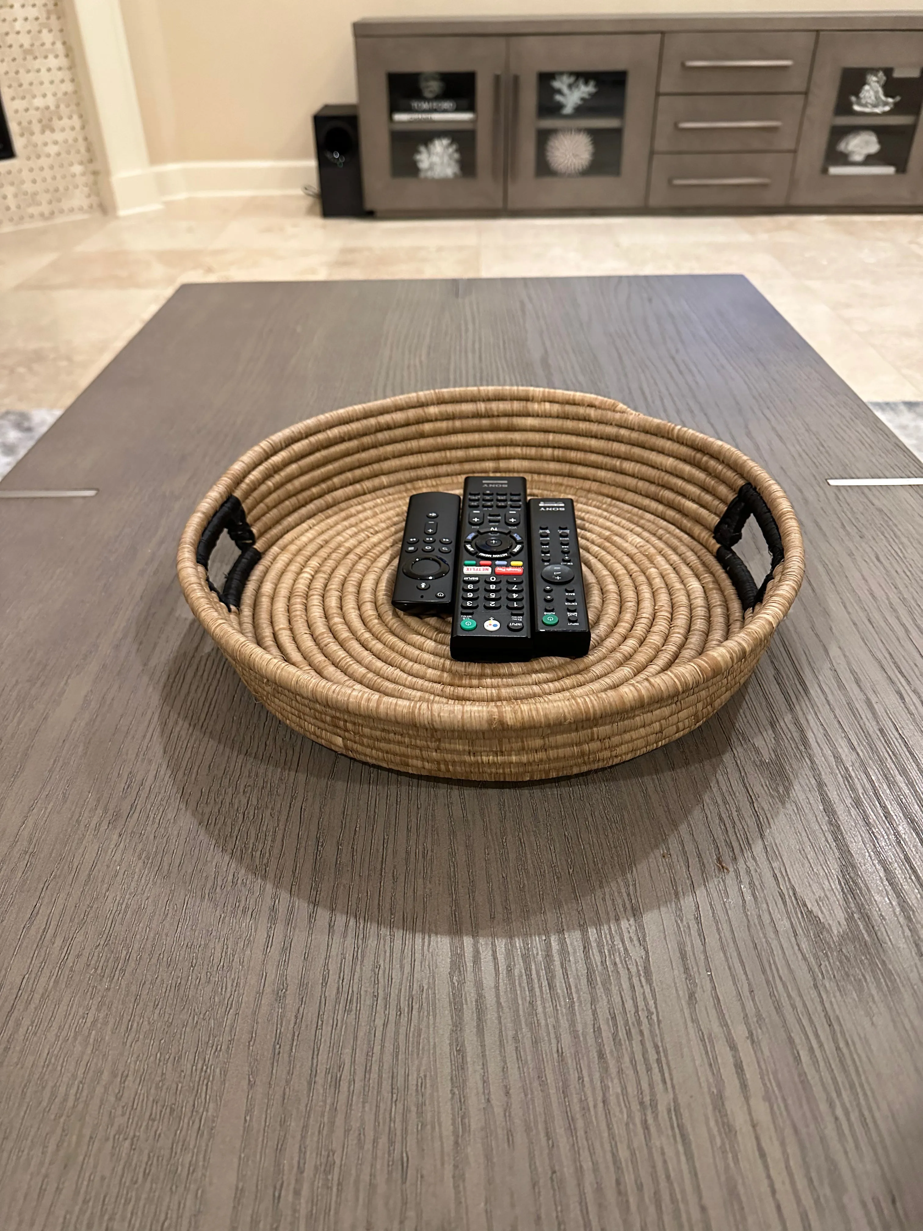 African Basket  Rwanda Woven Serving Tray Tan With Black