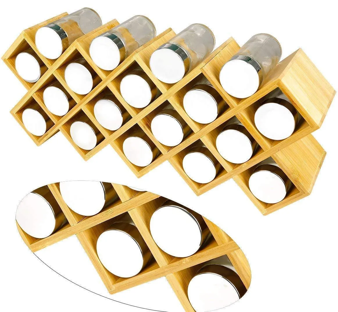 Criss-Cross 18-Jar Bamboo Countertop Spice Rack Organizer, Kitchen Cabinet Cupboard Wall Mount Door Spice Storage, Fit for Round and Square Spice Bottles, Free Standing for Counter, Cabinet or Drawers