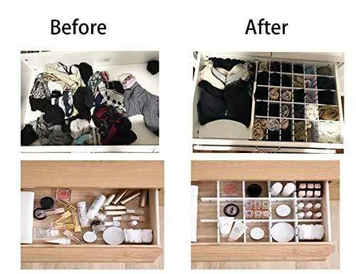 Drawer Organizers DIY Grid Dividers - Storage Spacer Wood-Plastic Multipurpose Finishing Shelves for Wardrobe Desk Tea Table Dresser Kitchen Underwear Socks Tableware Charging Line White (5Pack)