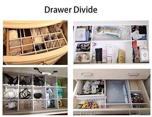 Drawer Organizers DIY Grid Dividers - Storage Spacer Wood-Plastic Multipurpose Finishing Shelves for Wardrobe Desk Tea Table Dresser Kitchen Underwear Socks Tableware Charging Line White (5Pack)