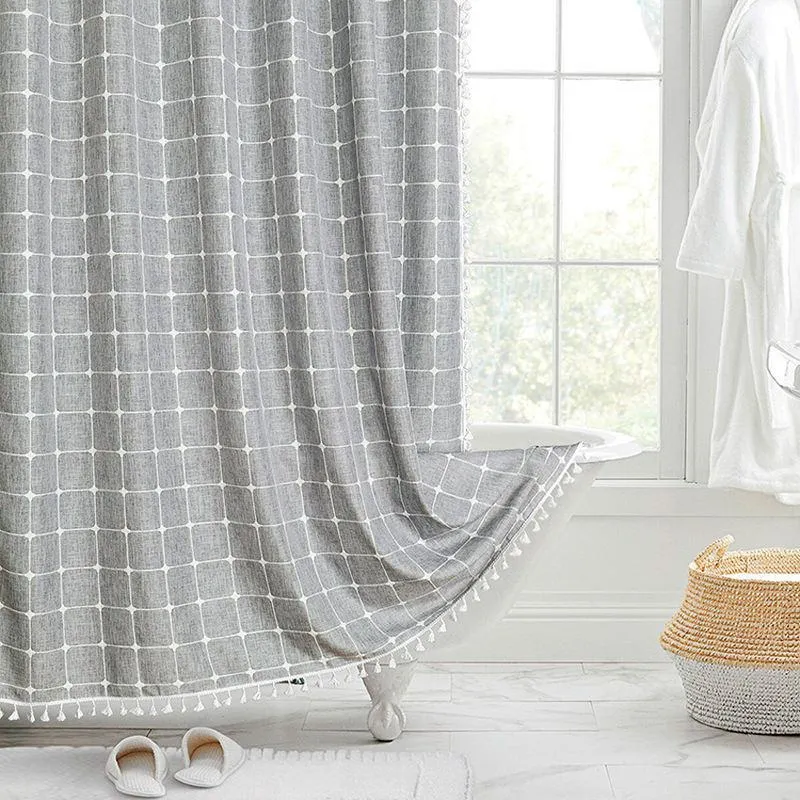 Elegant Jacquard Linen Shower Curtain with Tassels