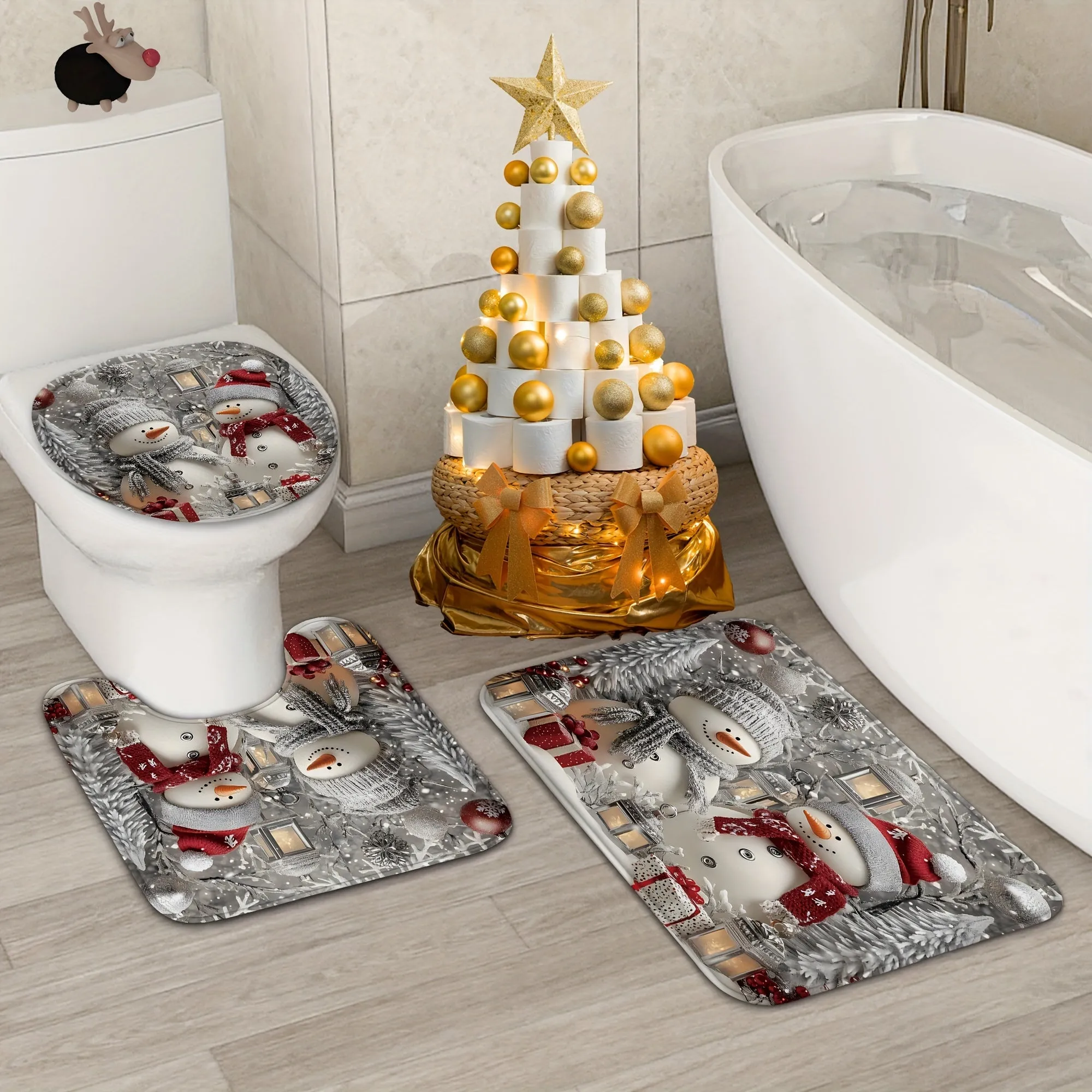 Festive Christmas Snowman Shower Curtain Set with Rug & Bath Mat - Waterproof, Machine Washable, Includes Hooks and Toilet Lid Cover