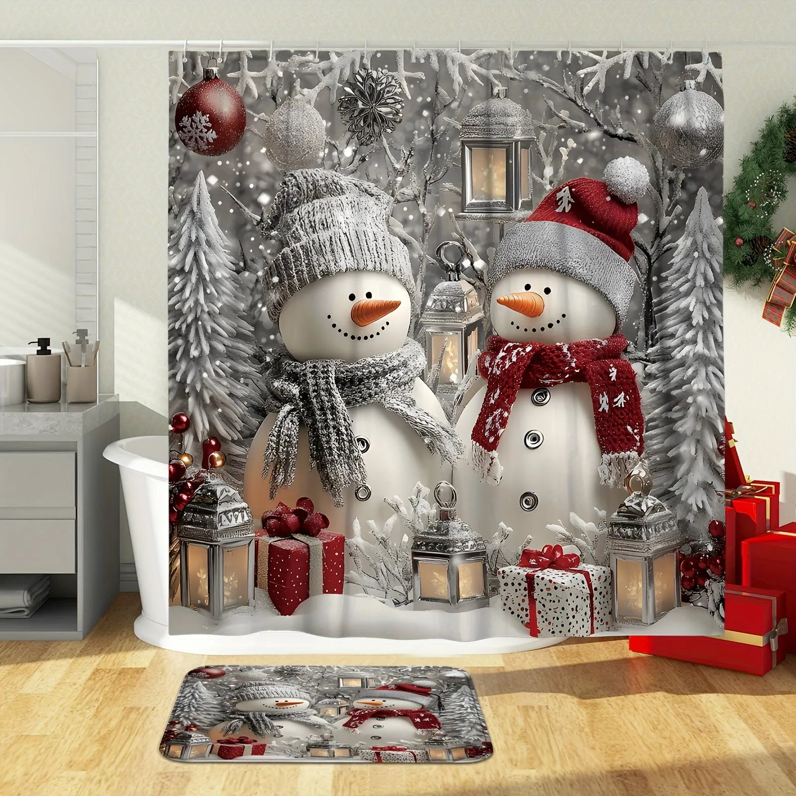Festive Christmas Snowman Shower Curtain Set with Rug & Bath Mat - Waterproof, Machine Washable, Includes Hooks and Toilet Lid Cover