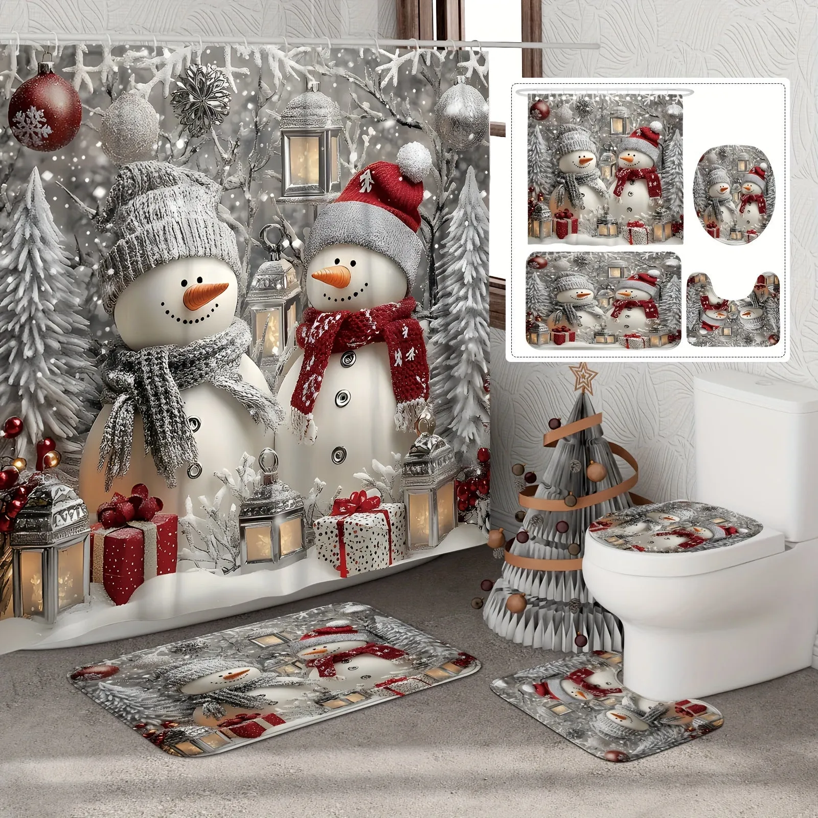 Festive Christmas Snowman Shower Curtain Set with Rug & Bath Mat - Waterproof, Machine Washable, Includes Hooks and Toilet Lid Cover