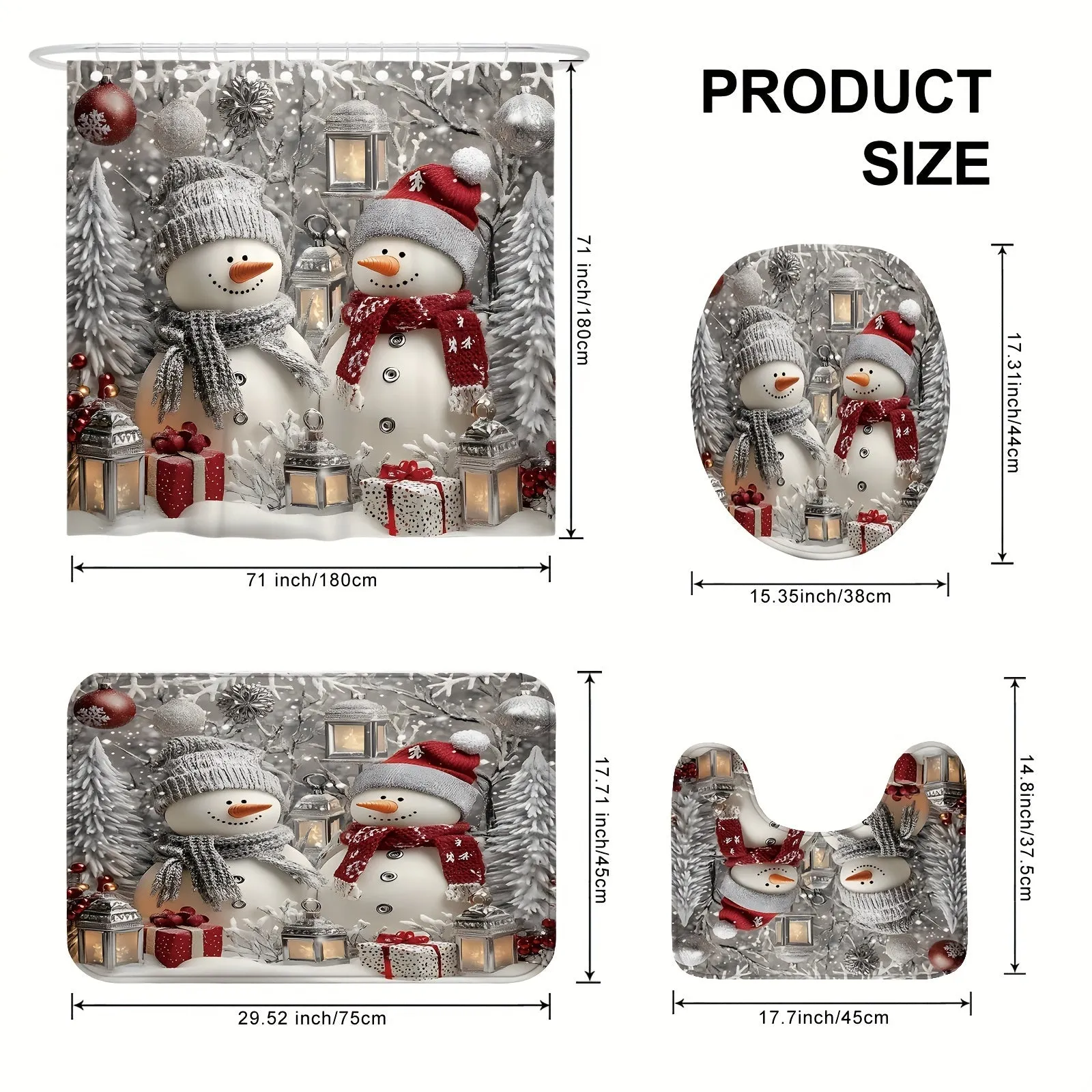 Festive Christmas Snowman Shower Curtain Set with Rug & Bath Mat - Waterproof, Machine Washable, Includes Hooks and Toilet Lid Cover