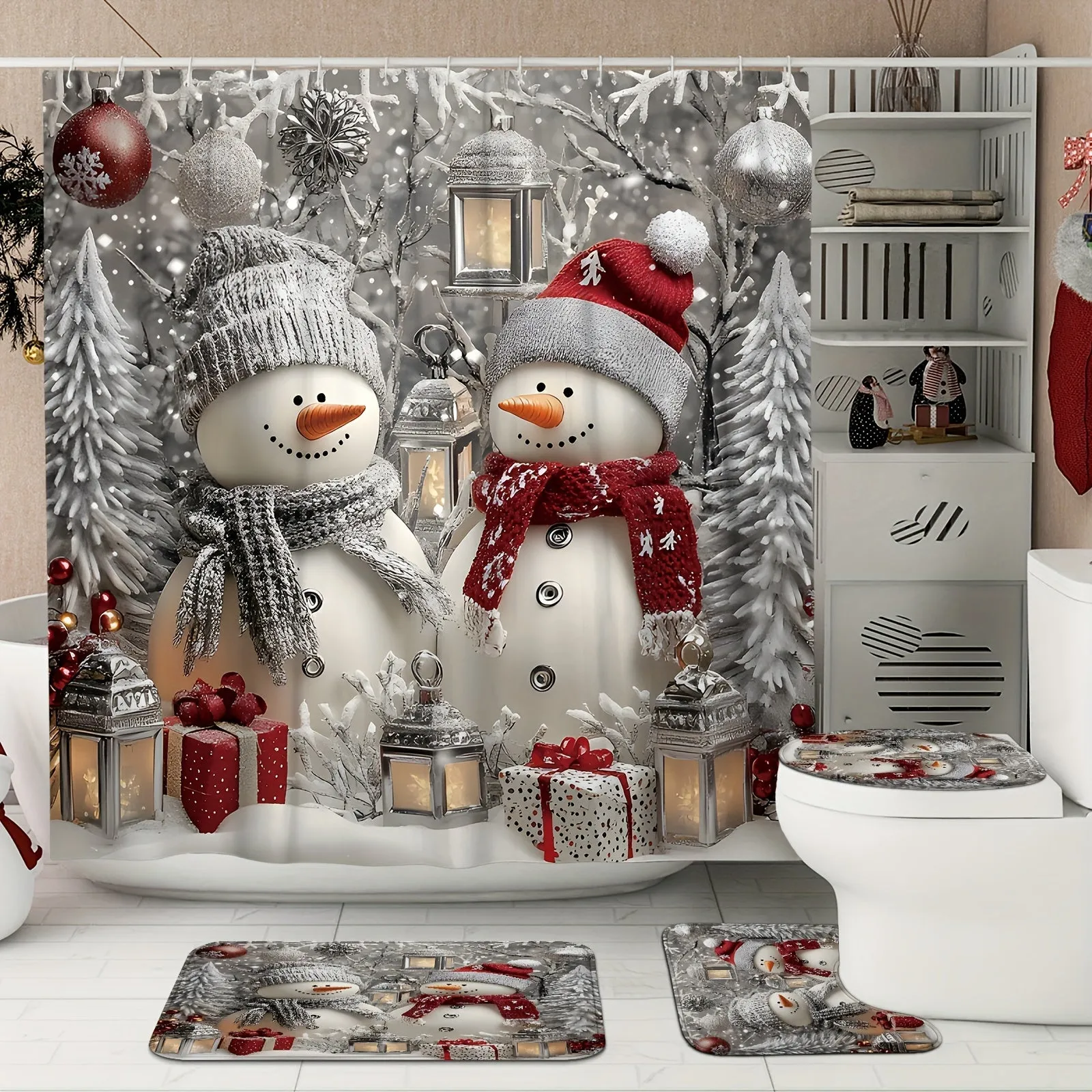 Festive Christmas Snowman Shower Curtain Set with Rug & Bath Mat - Waterproof, Machine Washable, Includes Hooks and Toilet Lid Cover