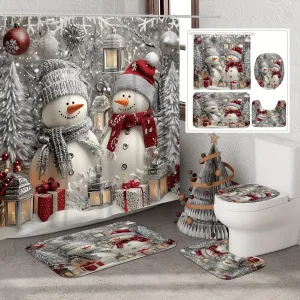 Festive Christmas Snowman Shower Curtain Set with Rug & Bath Mat - Waterproof, Machine Washable, Includes Hooks and Toilet Lid Cover