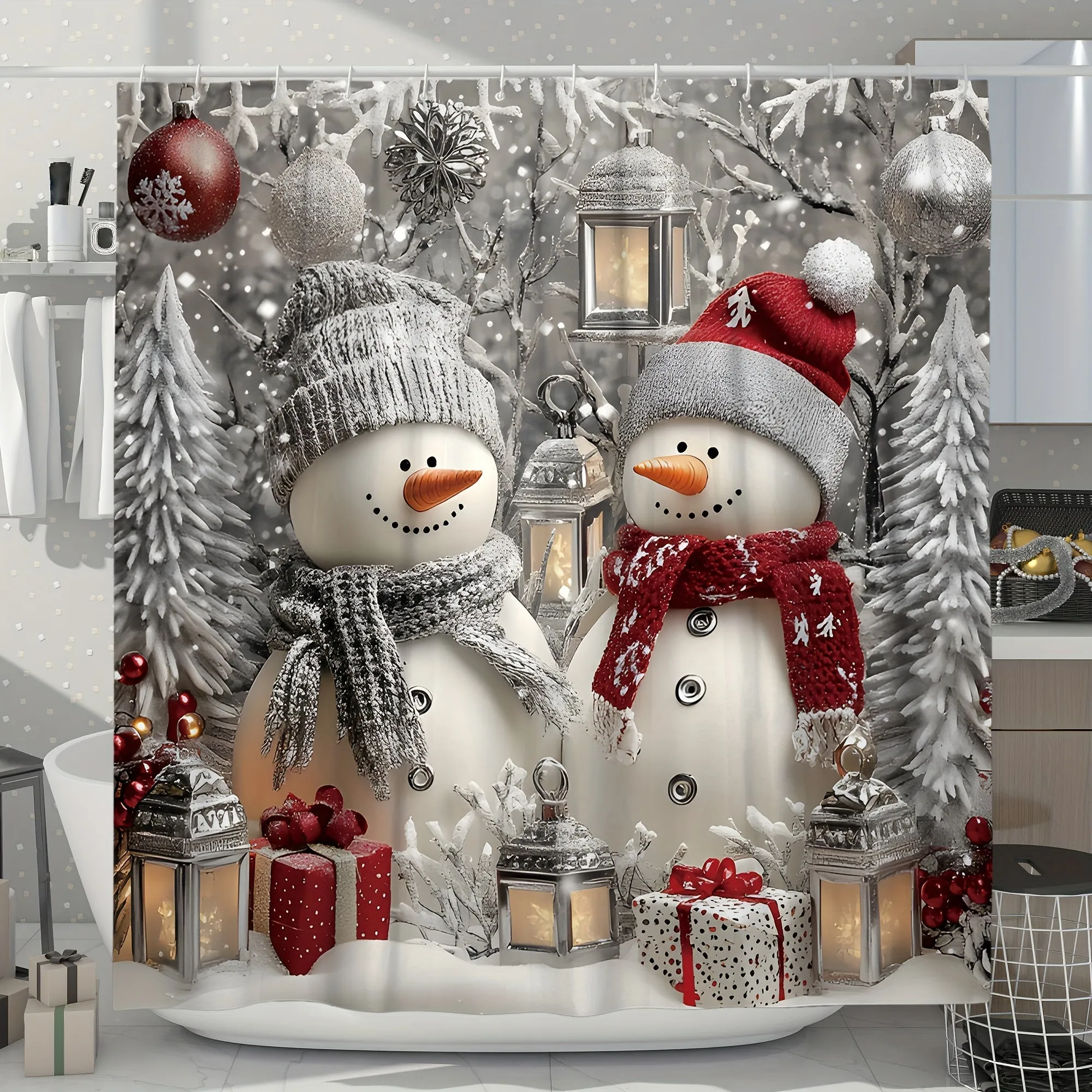 Festive Christmas Snowman Shower Curtain Set with Rug & Bath Mat - Waterproof, Machine Washable, Includes Hooks and Toilet Lid Cover