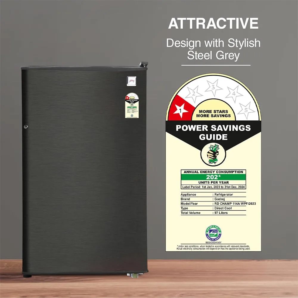 Godrej RD CHAMP 114A WPF FS ST 97 L 1 Star Direct Cool Single Door Refrigerator With Jumbo Vegetable Tray ( Fossil Steel)