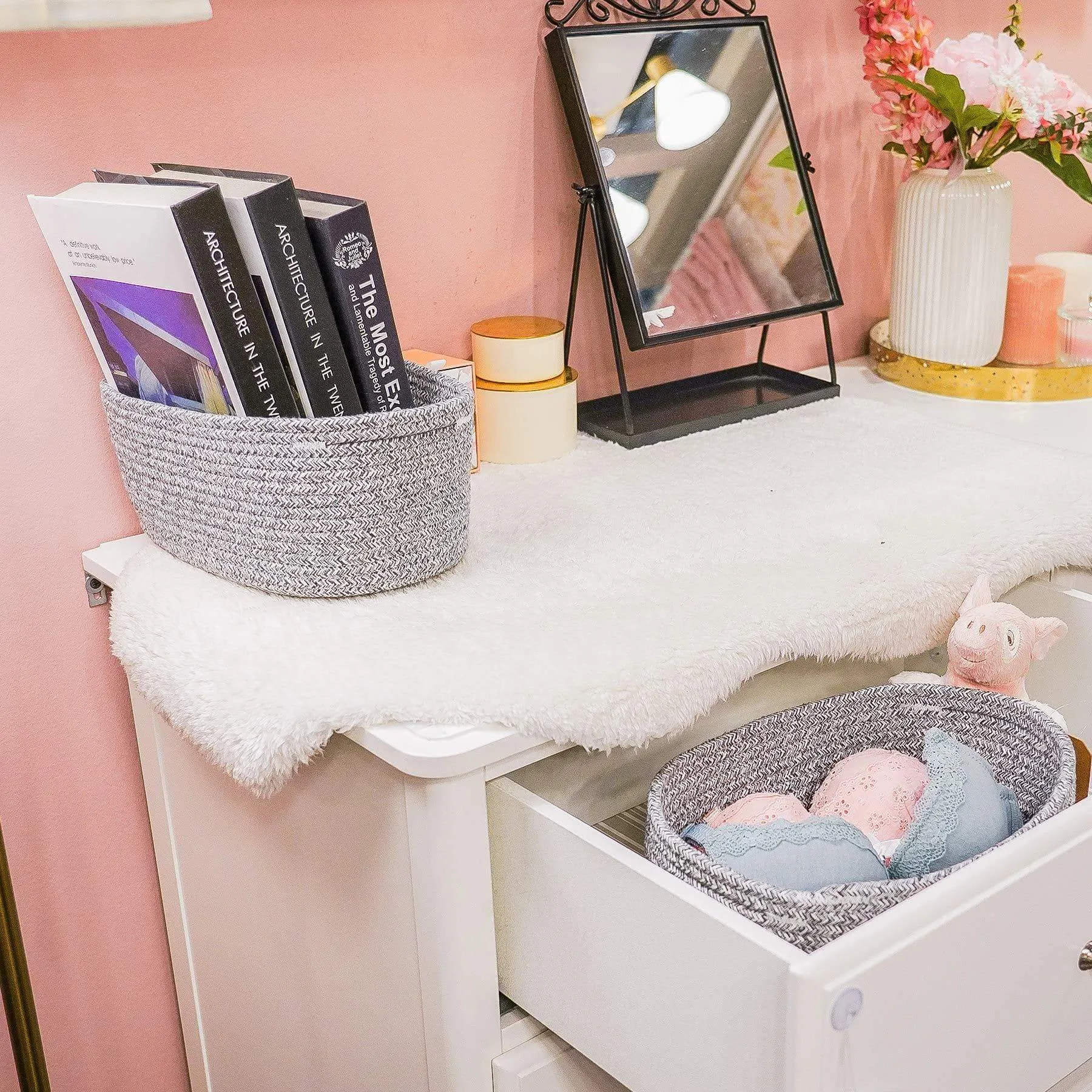 Goodpick Cute Cotton Rope Basket - Dresser Baskets Drawer Baskets Organizer Nursery Closet Storage Foldable Cloth Storage Box Underwear Organizer Drawer Divider, 12''×7''×5'' Set of 2
