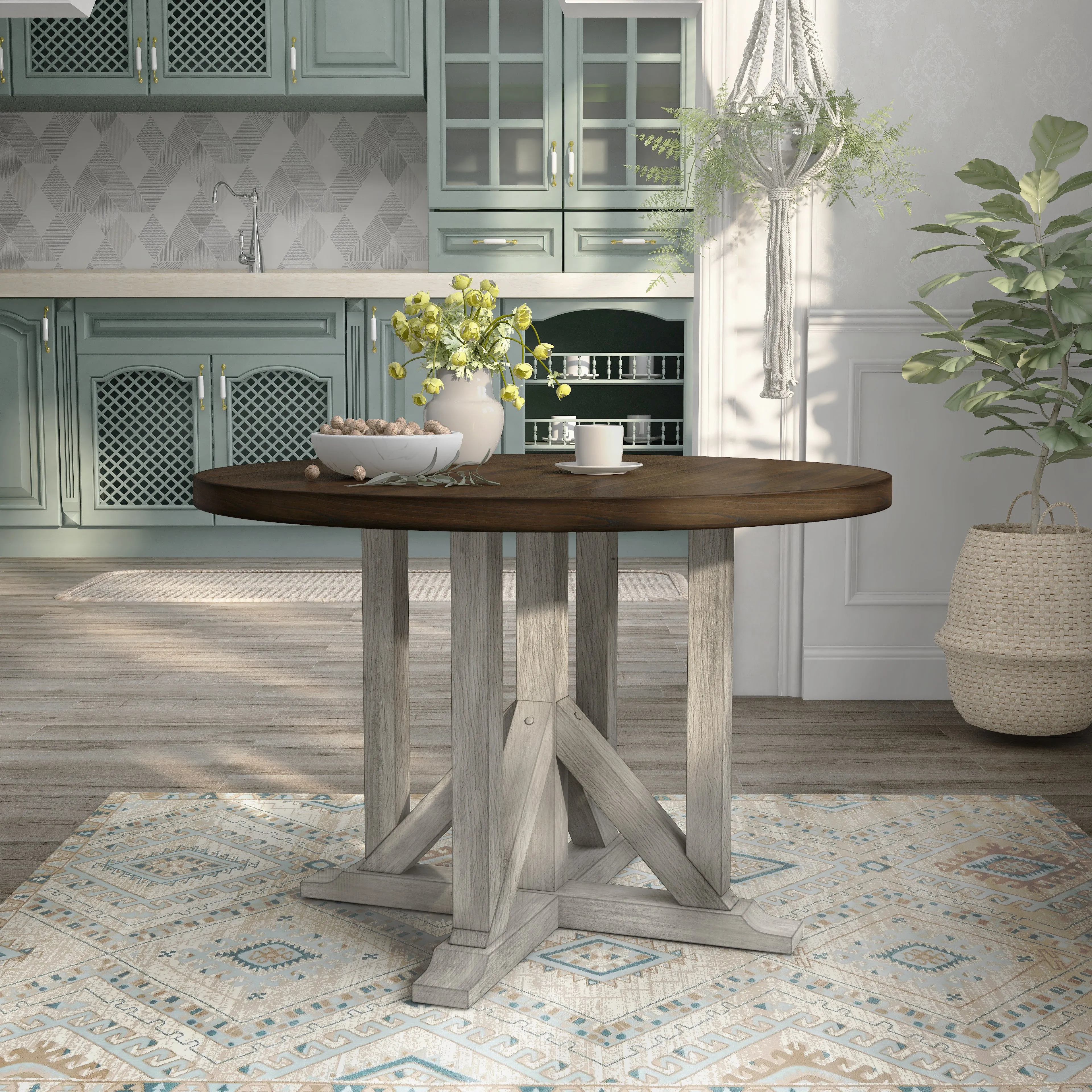 Hersden Rustic Dark Oak and Antique White 47-in Round Dining Table