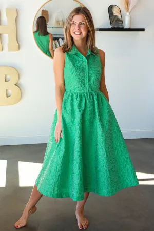 Jacquard Floral Collar Dress - Green