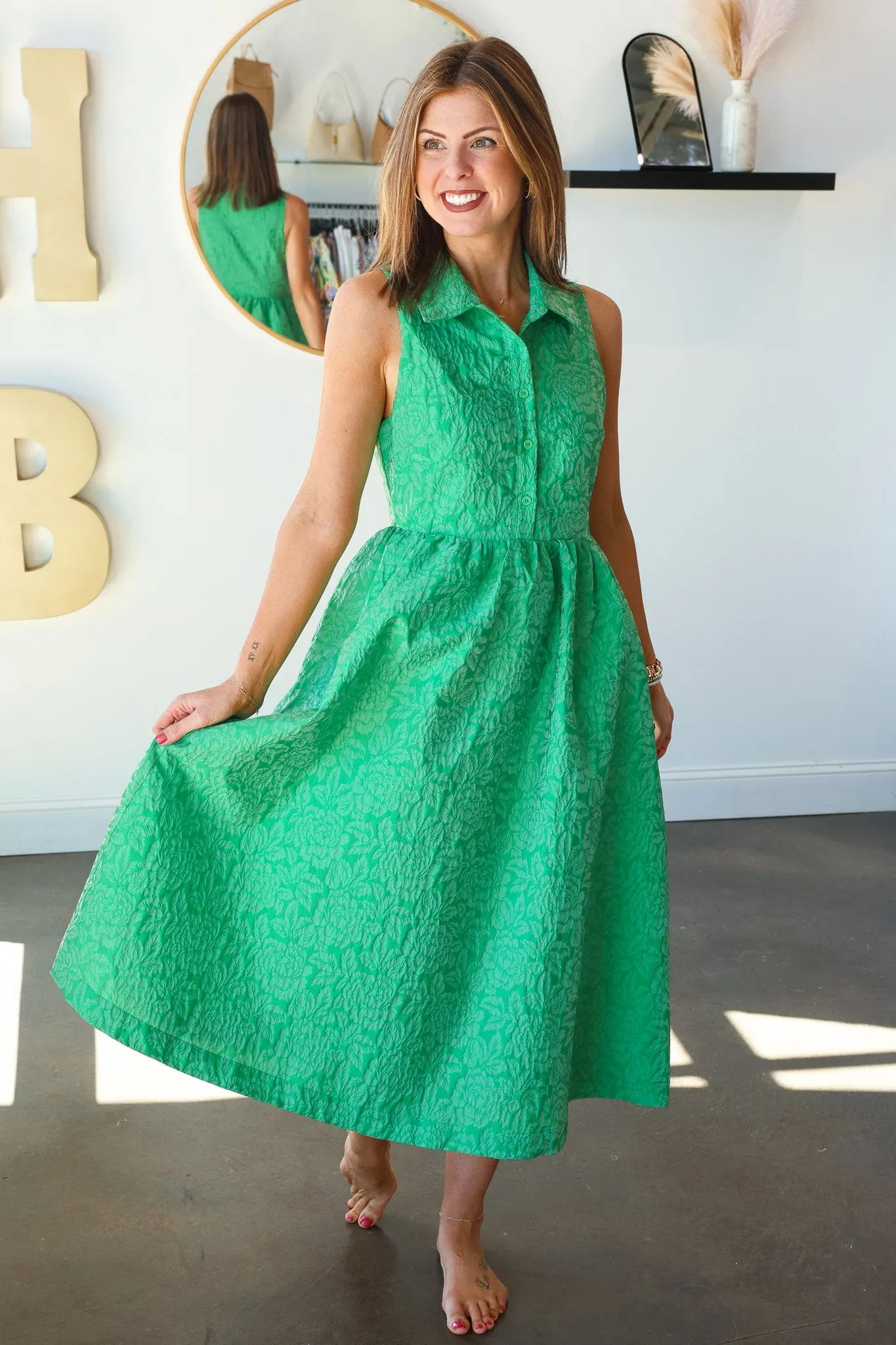 Jacquard Floral Collar Dress - Green