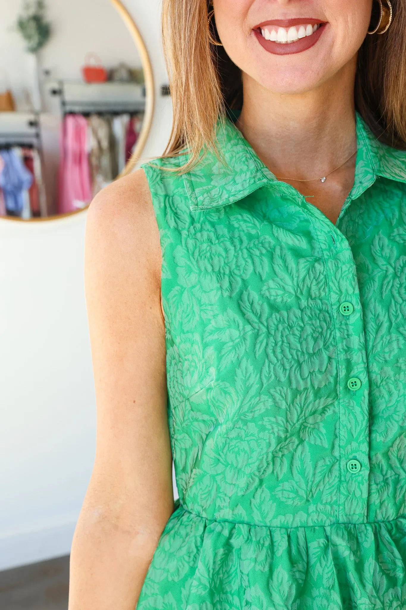Jacquard Floral Collar Dress - Green