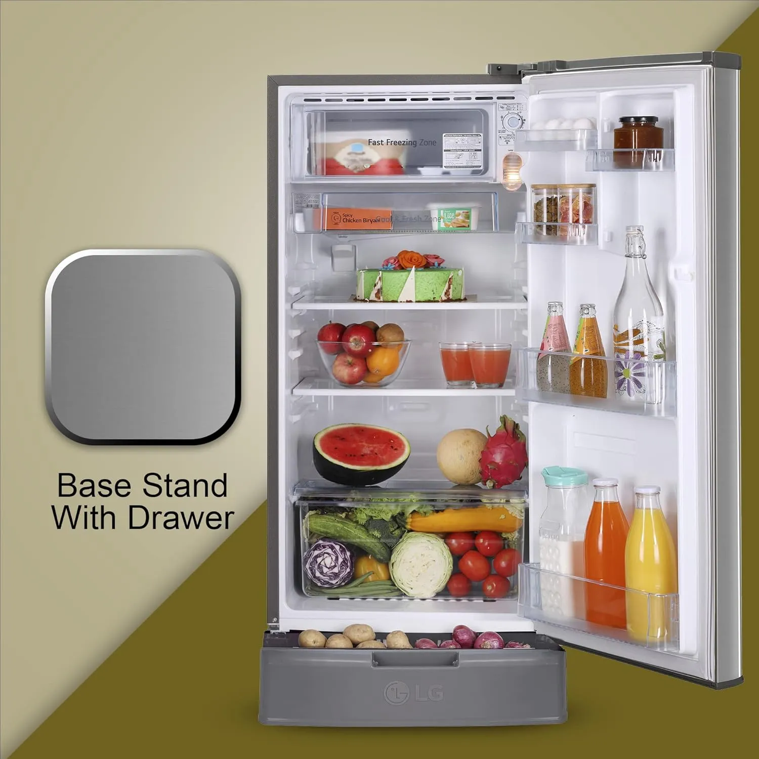 LG GL-D199OPZD 185 L Direct Cool Single Door 3 Star Refrigerator with Base Drawer with Fast Ice Making  (Shiny Steel)
