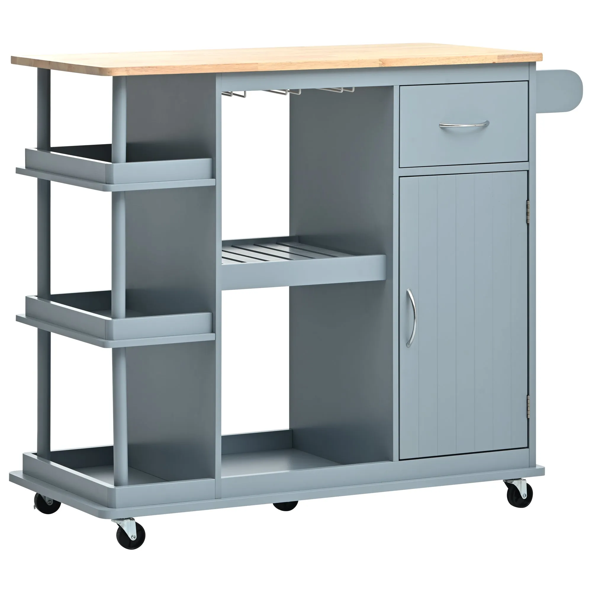 Multipurpose Kitchen Cart Cabinet with Side Storage Shelves,Rubber Wood Top, Adjustable Storage Shelves, 5 Wheels, Kitchen Storage Island with Wine Rack for Dining Room, Home,Bar,Grey Blue