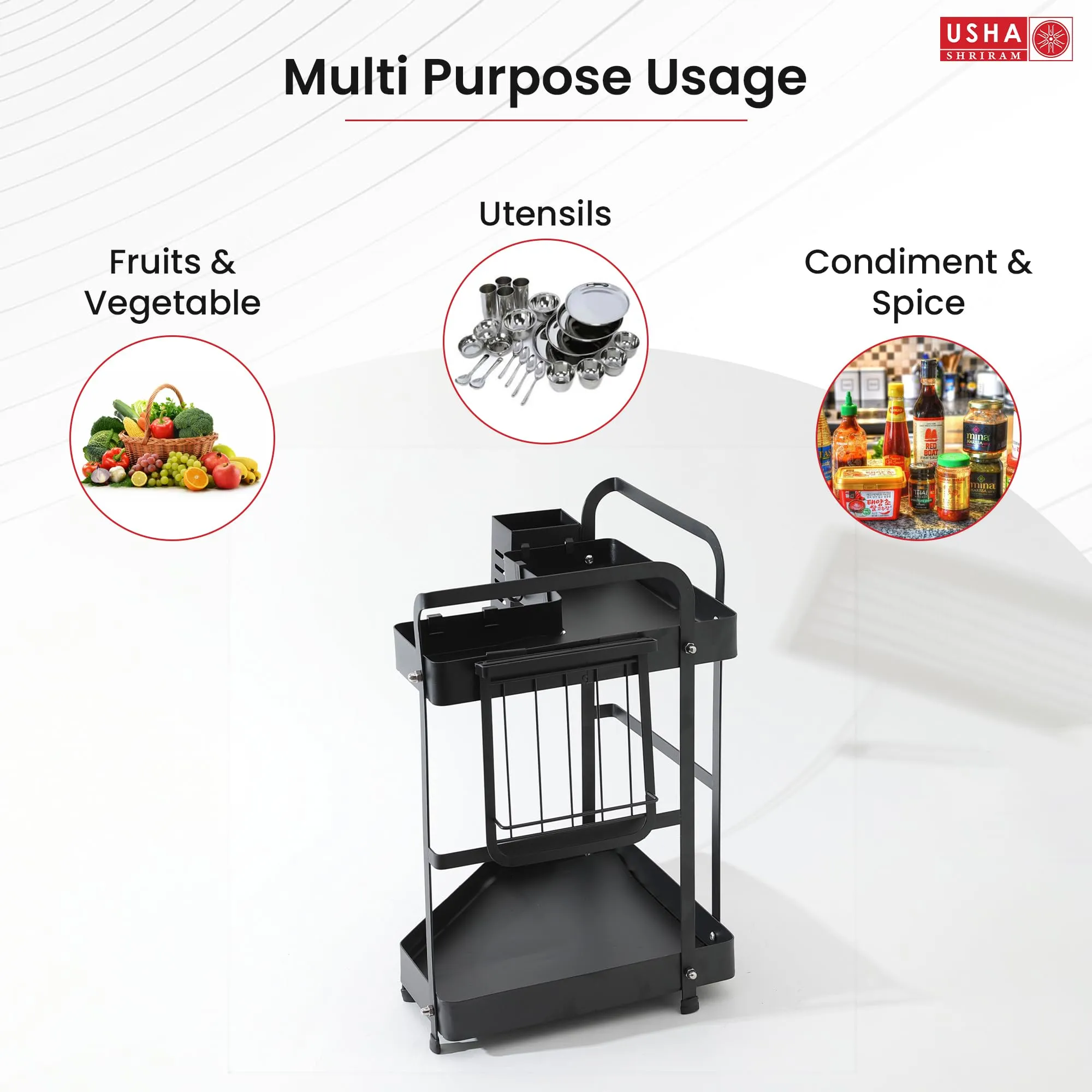 USHA SHRIRAM 2 Layer Carbon Steel Oil Bottle Holder For Kitchen With Spoon Holder | Wine Whiskey Bottle Holder | Corner Shelf For Living Room Bathroom | Storage Rack For Kitchen Organiser | Black