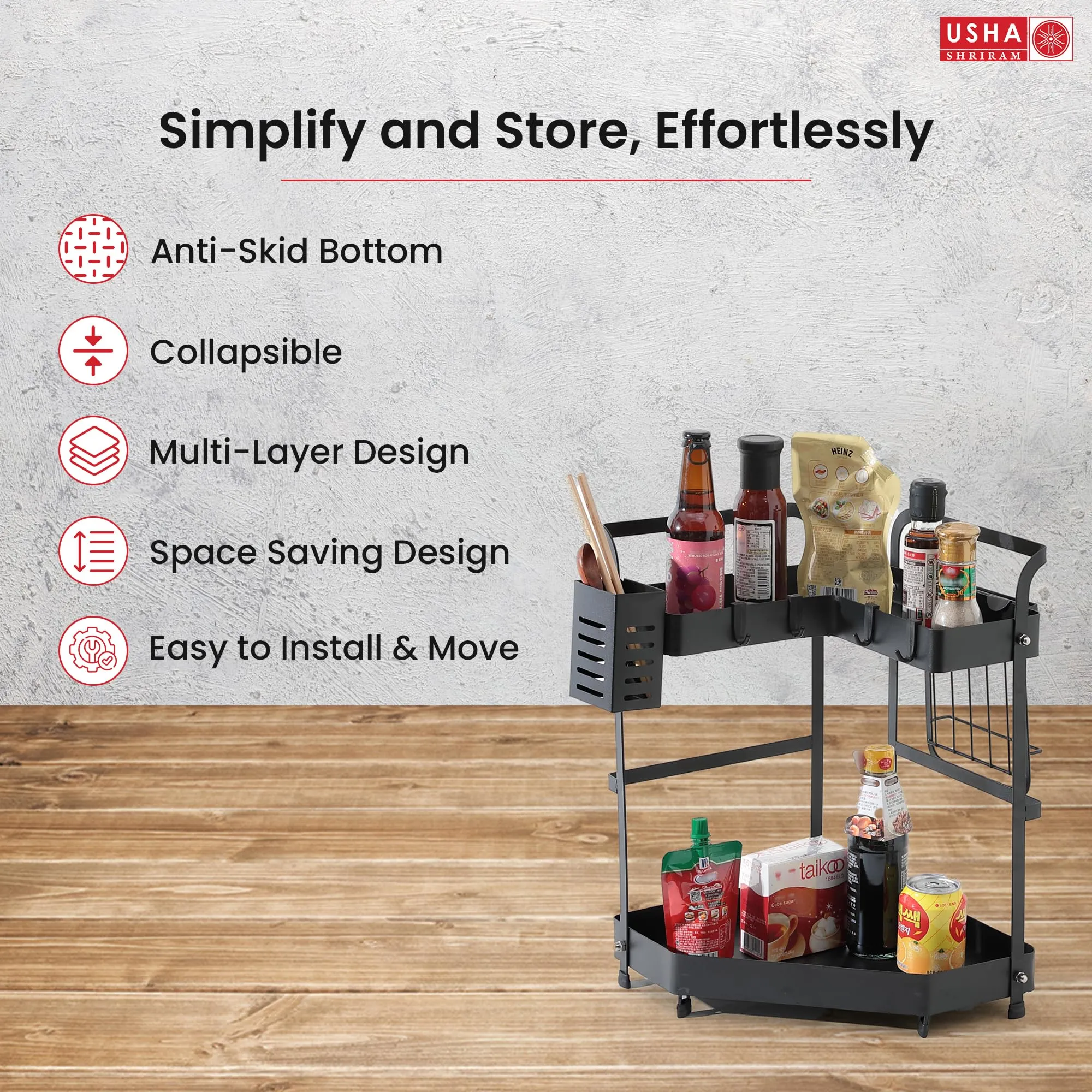 USHA SHRIRAM 2 Layer Carbon Steel Oil Bottle Holder For Kitchen With Spoon Holder | Wine Whiskey Bottle Holder | Corner Shelf For Living Room Bathroom | Storage Rack For Kitchen Organiser | Black