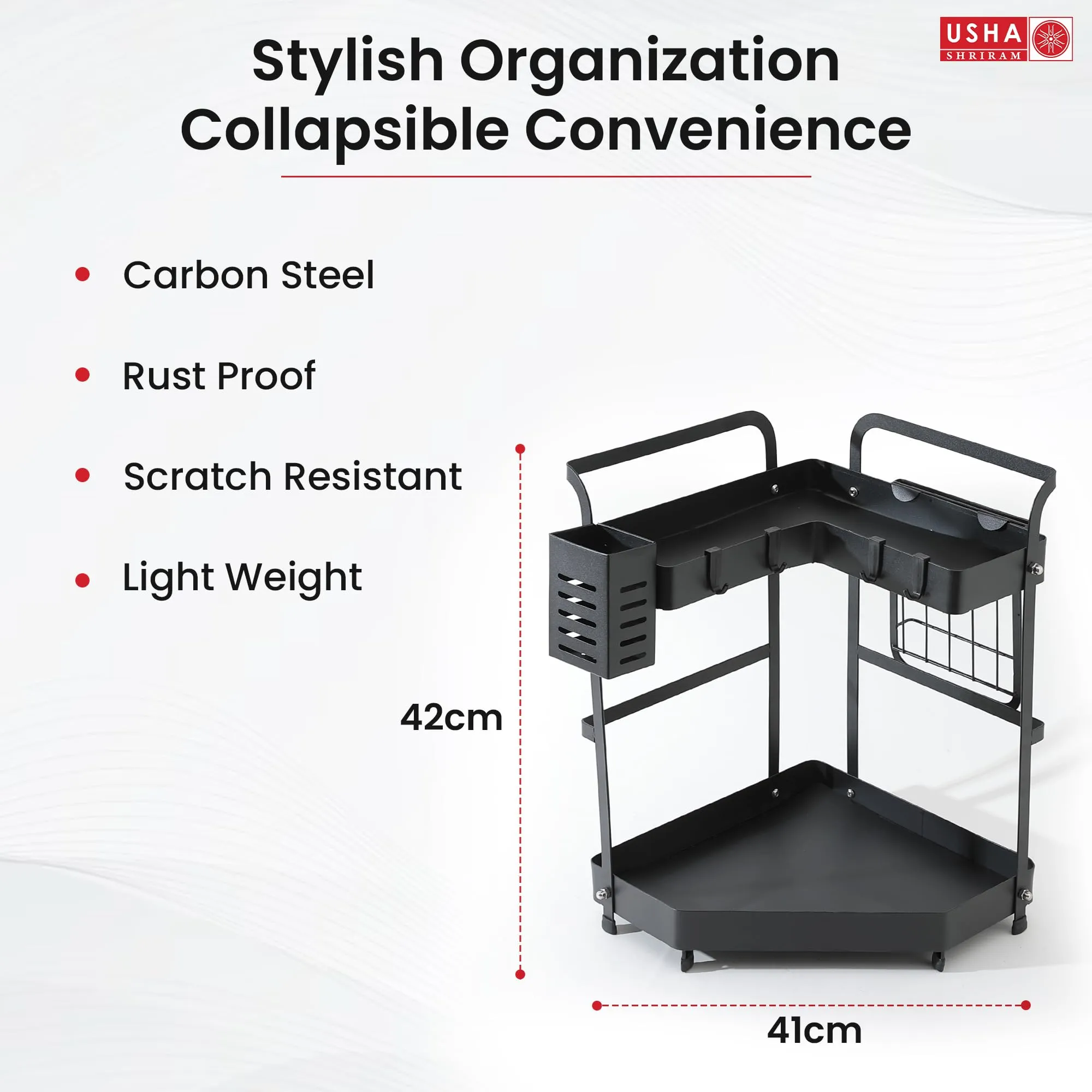 USHA SHRIRAM 2 Layer Carbon Steel Oil Bottle Holder For Kitchen With Spoon Holder | Wine Whiskey Bottle Holder | Corner Shelf For Living Room Bathroom | Storage Rack For Kitchen Organiser | Black