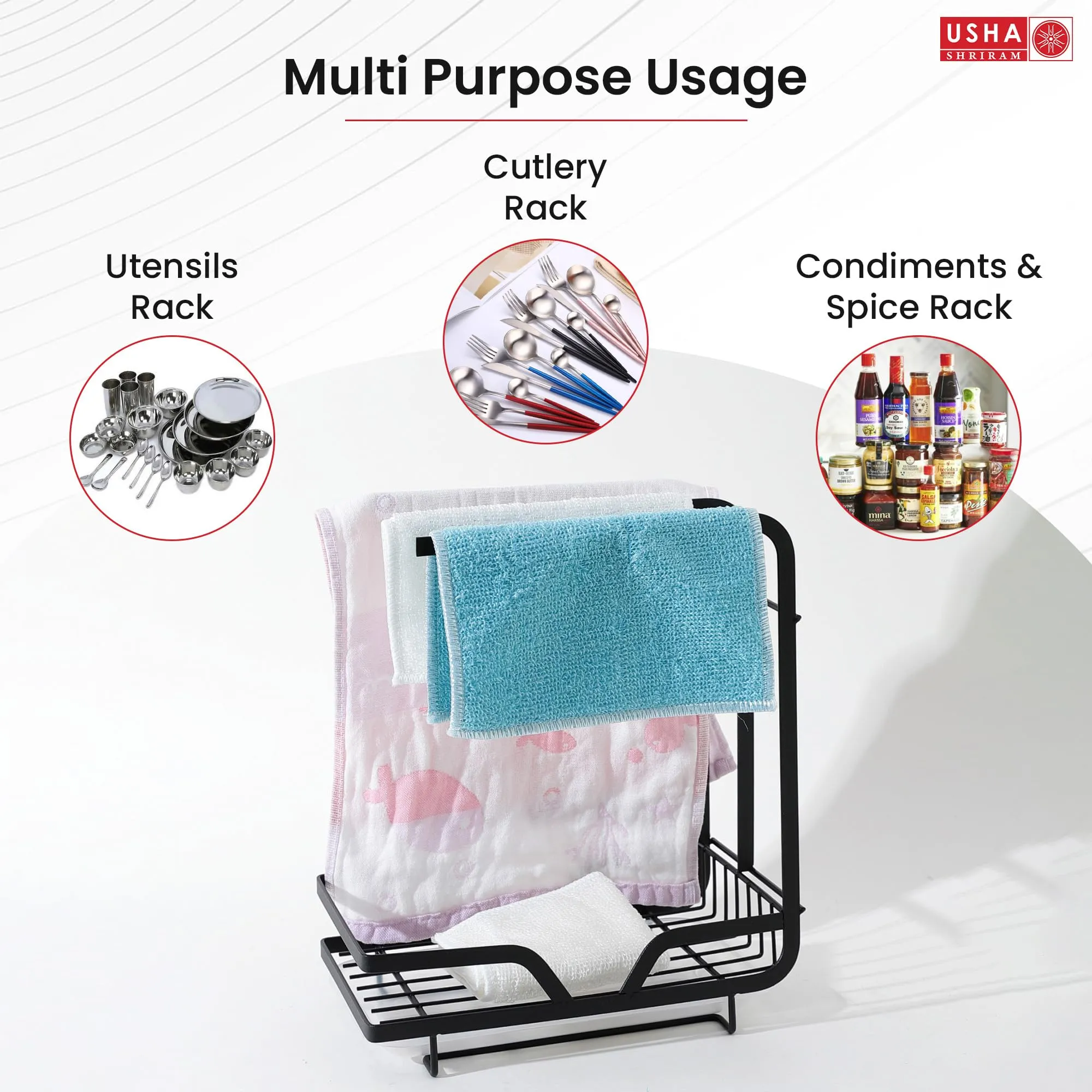 USHA SHRIRAM Carbon Steel Bathroom Organiser Stand (3Pcs) | Kitchen Sink Organiser | Kitchen Organiser Space Saver | Kitchen Bothroom Towel Holder | Psoap Holder For Kitchen Sink | Black