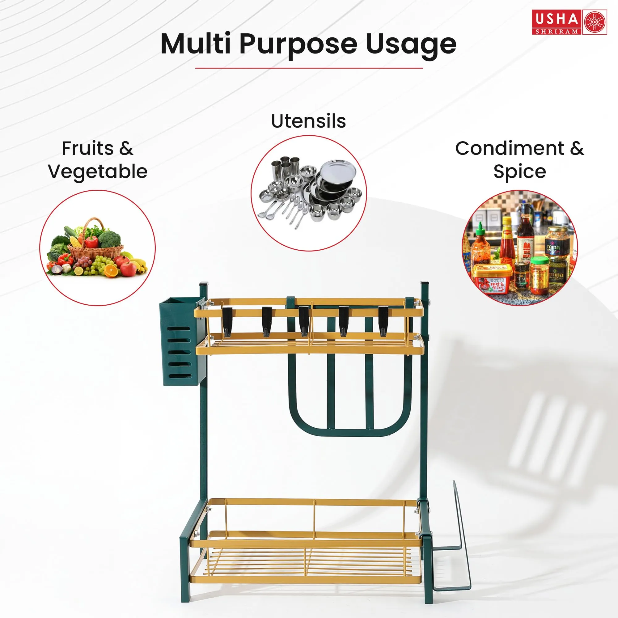 USHA SHRIRAM Carbon Steel Plate Bowl Holder(3pcs) | Sink Organiser In Kitchen |Utensil Dish Organiser For Kitchen With Spoon Holder | Kitchen Sink Organiser | Sink Organiser In Kitchen Washbasin |Gold