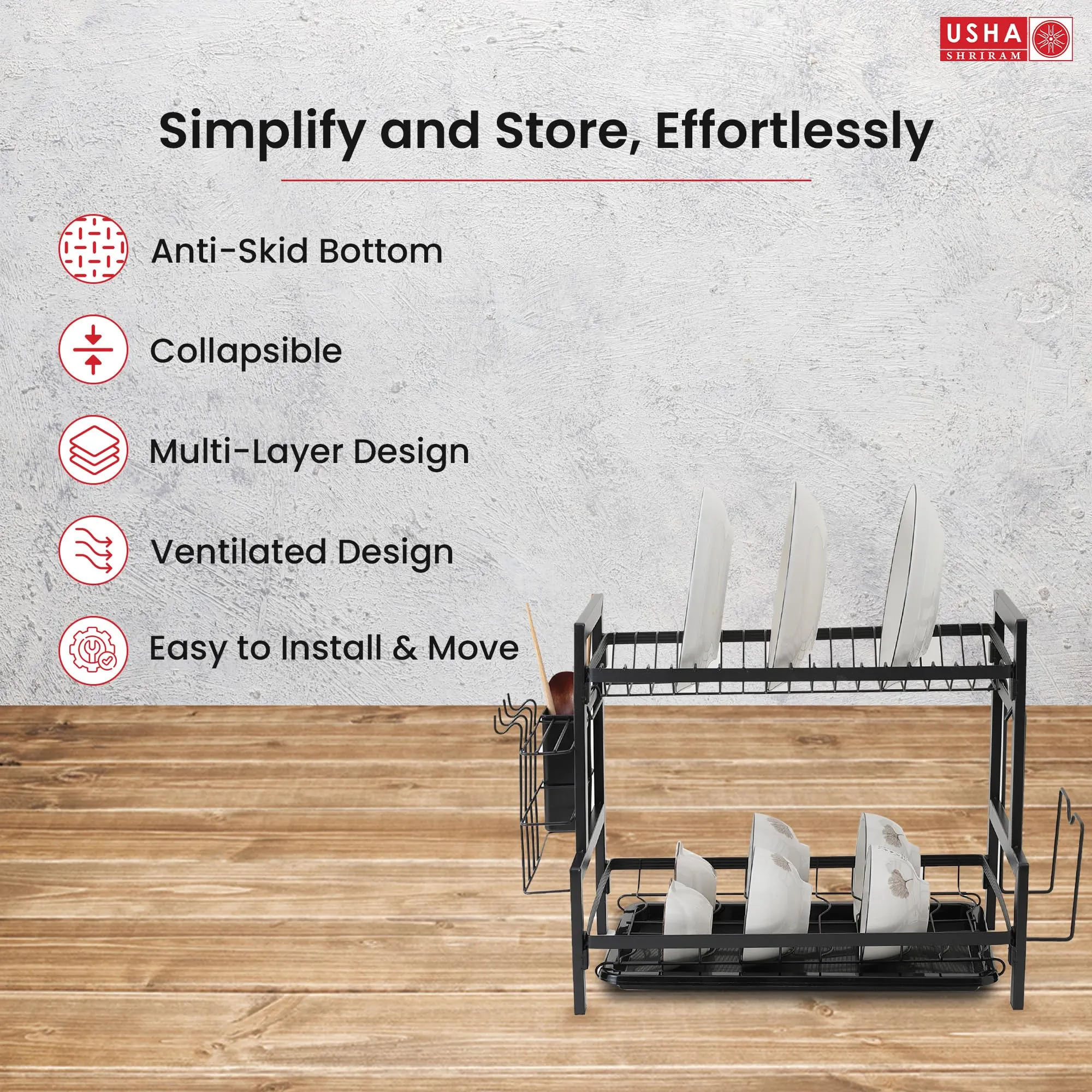USHA SHRIRAM Plate Bowl Holder Sink Organiser In Kitchen | Kitchen Organiser Rack | Utensil Dish Organiser For Kitchen With Spoon Knife Holder Hooks (Plate Bowl Holder With Hooks, Pack of 5)