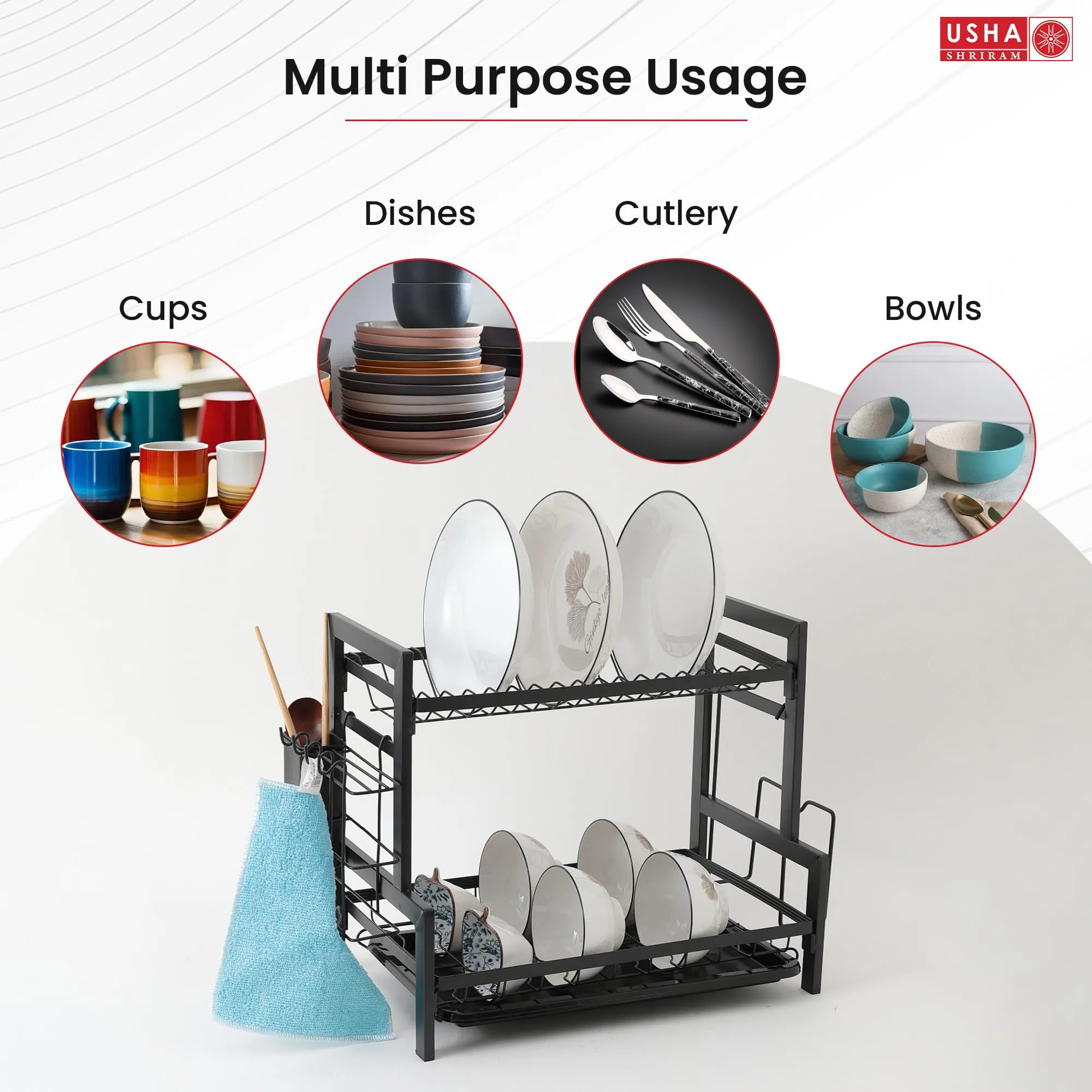 USHA SHRIRAM Plate Bowl Holder Sink Organiser In Kitchen | Kitchen Organiser Rack | Utensil Dish Organiser For Kitchen With Spoon Knife Holder Hooks (Plate Bowl Holder With Hooks, Pack of 5)